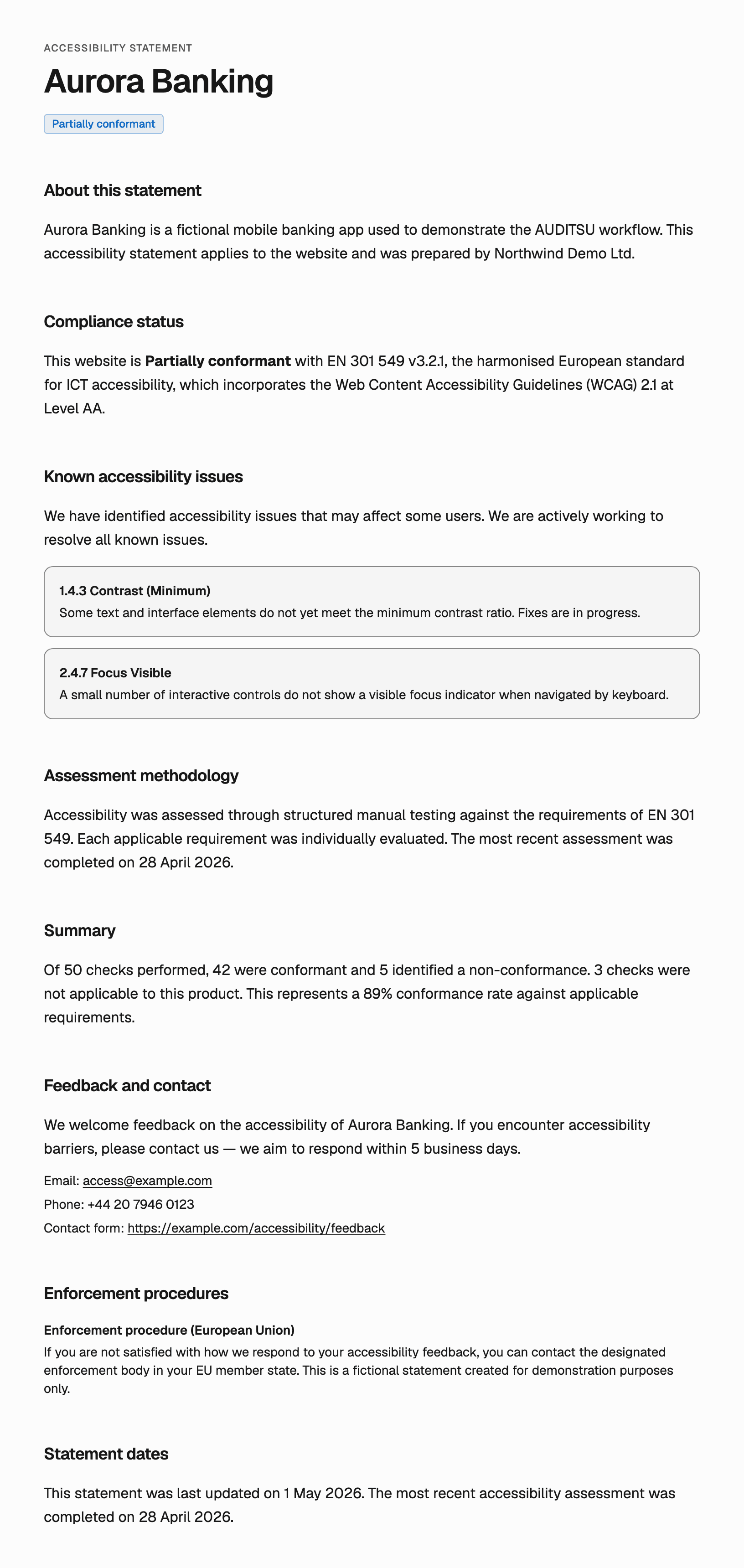 Auditsu accessibility statement for a mobile app showing partial conformance, known issues such as contrast and focus visibility, assessment methodology and enforcement details.