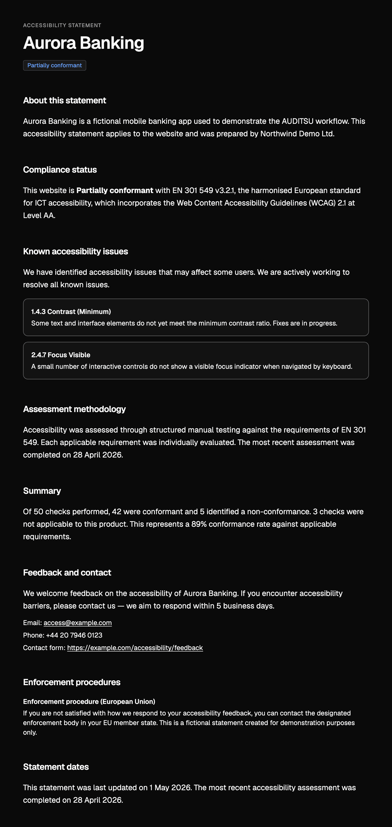 Auditsu accessibility statement for a mobile app showing partial conformance, known issues such as contrast and focus visibility, assessment methodology and enforcement details.