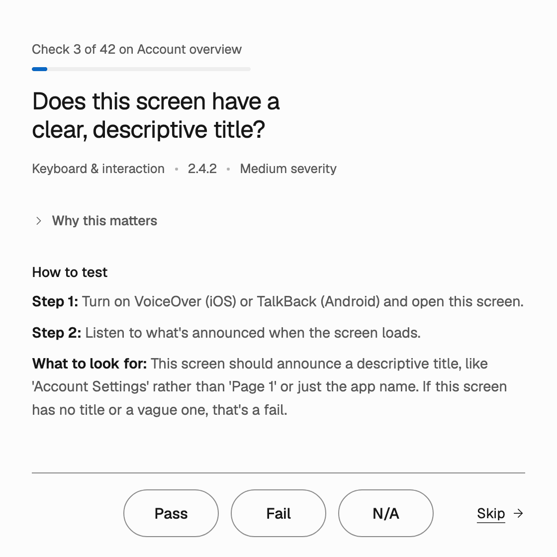 A single accessibility check in Auditsu: the question 'Does this screen have a clear, descriptive title?', tagged 2.4.2 and Medium severity, with two testing steps and Pass, Fail and N/A buttons.